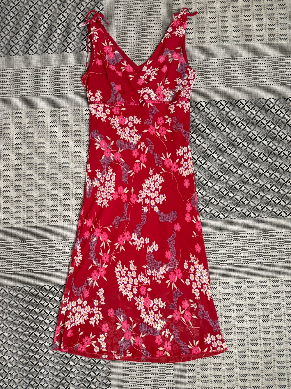 VTG Papaya Red Y2K Floral Print MIDI Dress - Size M